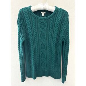 L.L.BEAN Womens Cable Knit Sweater Green Organic Cotton Classic Crewneck Medium